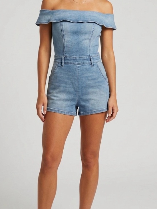 bebe Pants - bebe Light Blue Off-Shoulder Denim Romper Size 25